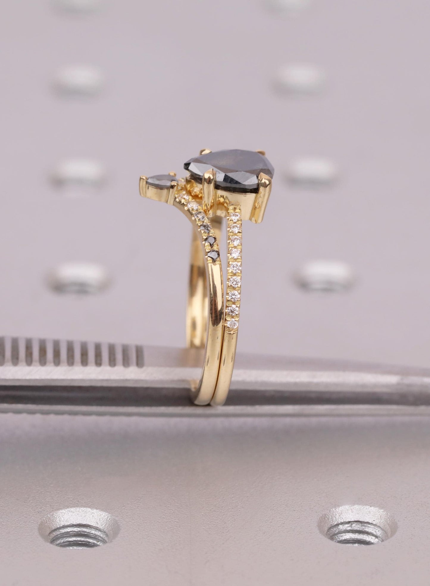 Pear Salt and Pepper Diamond Bridal Set, 18K Gold Ombre Band, Unique Engagement Ring
