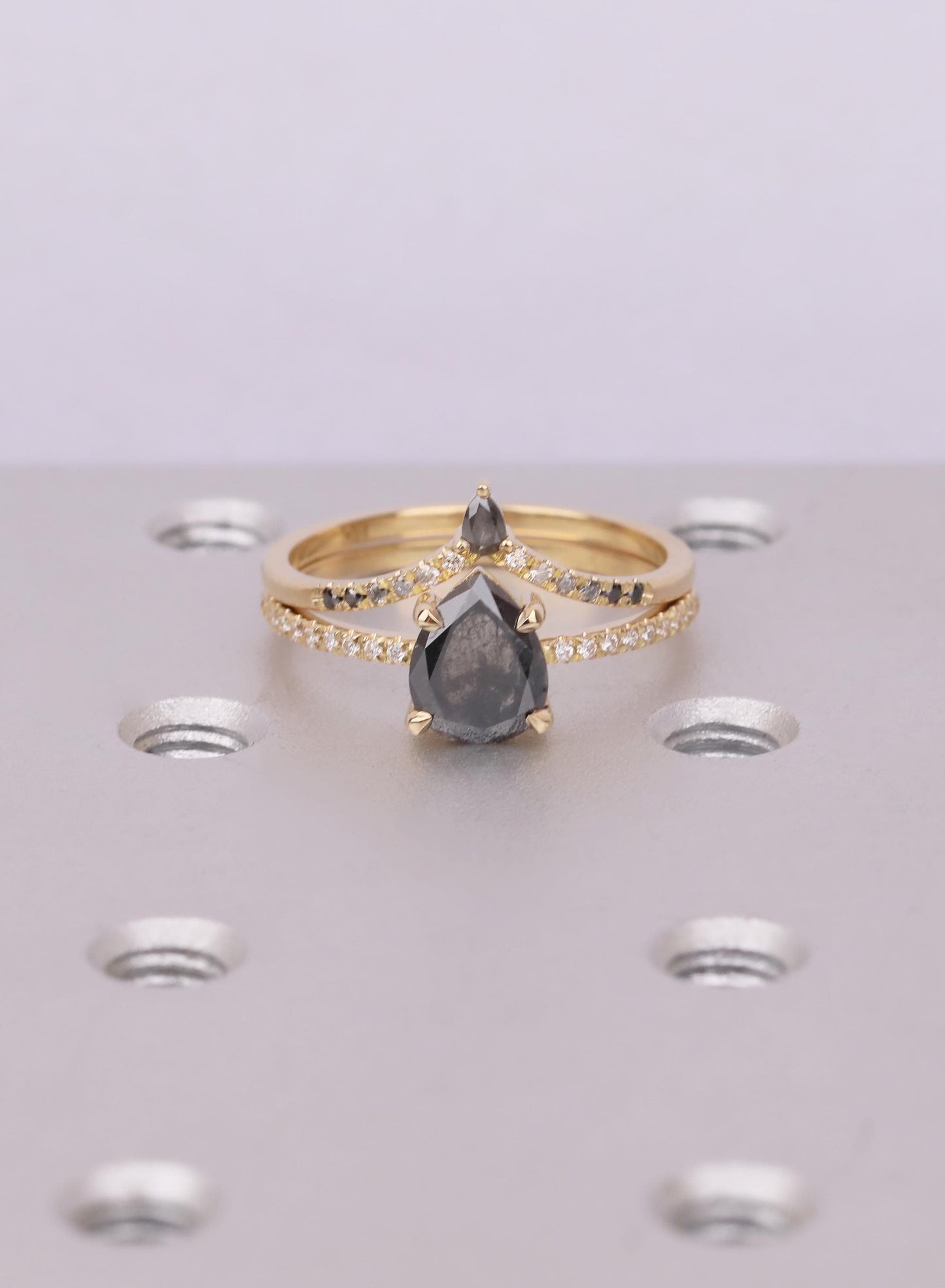 Raw Salt and Pepper Kite Diamond Ring Set, 18k Yellow Gold, Moissanite Accents, Crown Style Matching Band