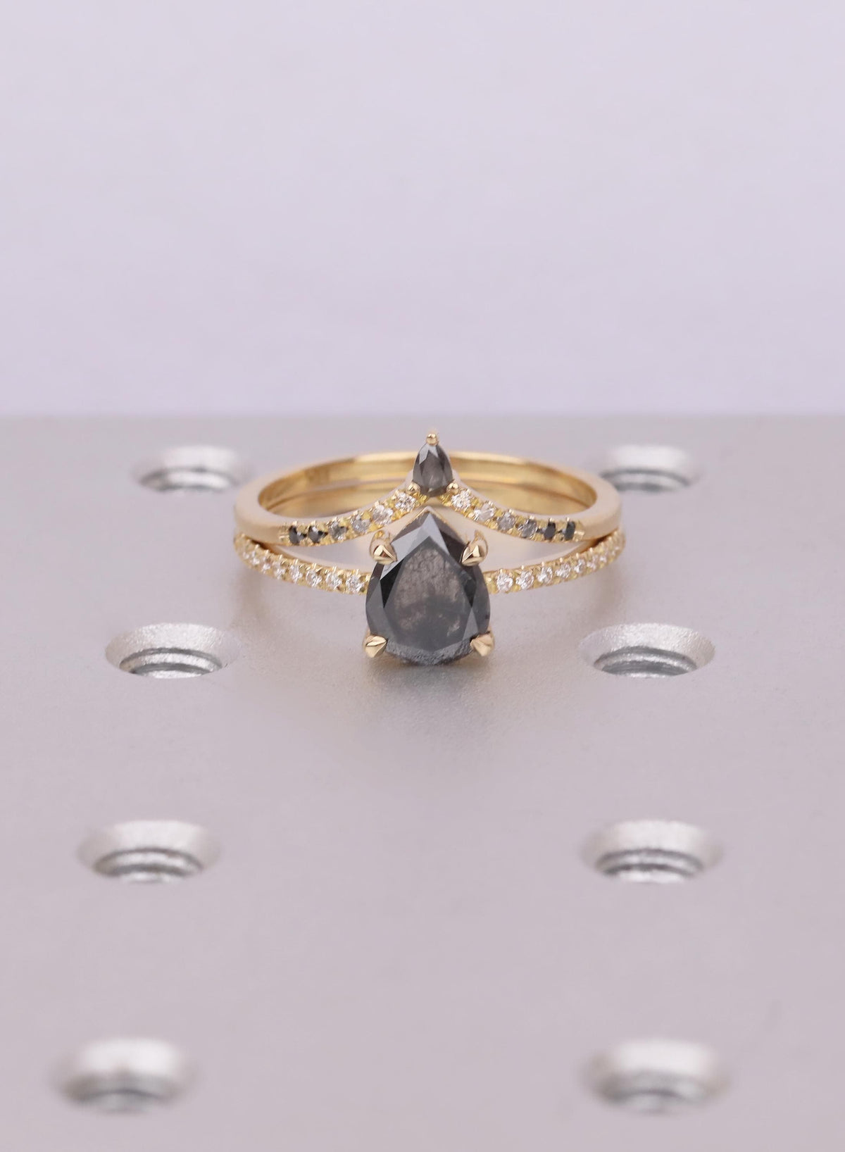 Pear Salt and Pepper Diamond Bridal Set, 18K Gold Ombre Band, Unique Engagement Ring