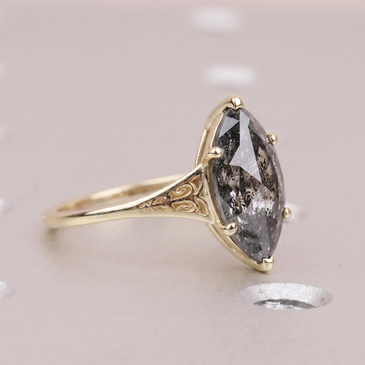 Salt and Pepper Black Diamond Engagement Ring for Women | Marquise cut Solitaire Ring | Vintage Gold Jewelry