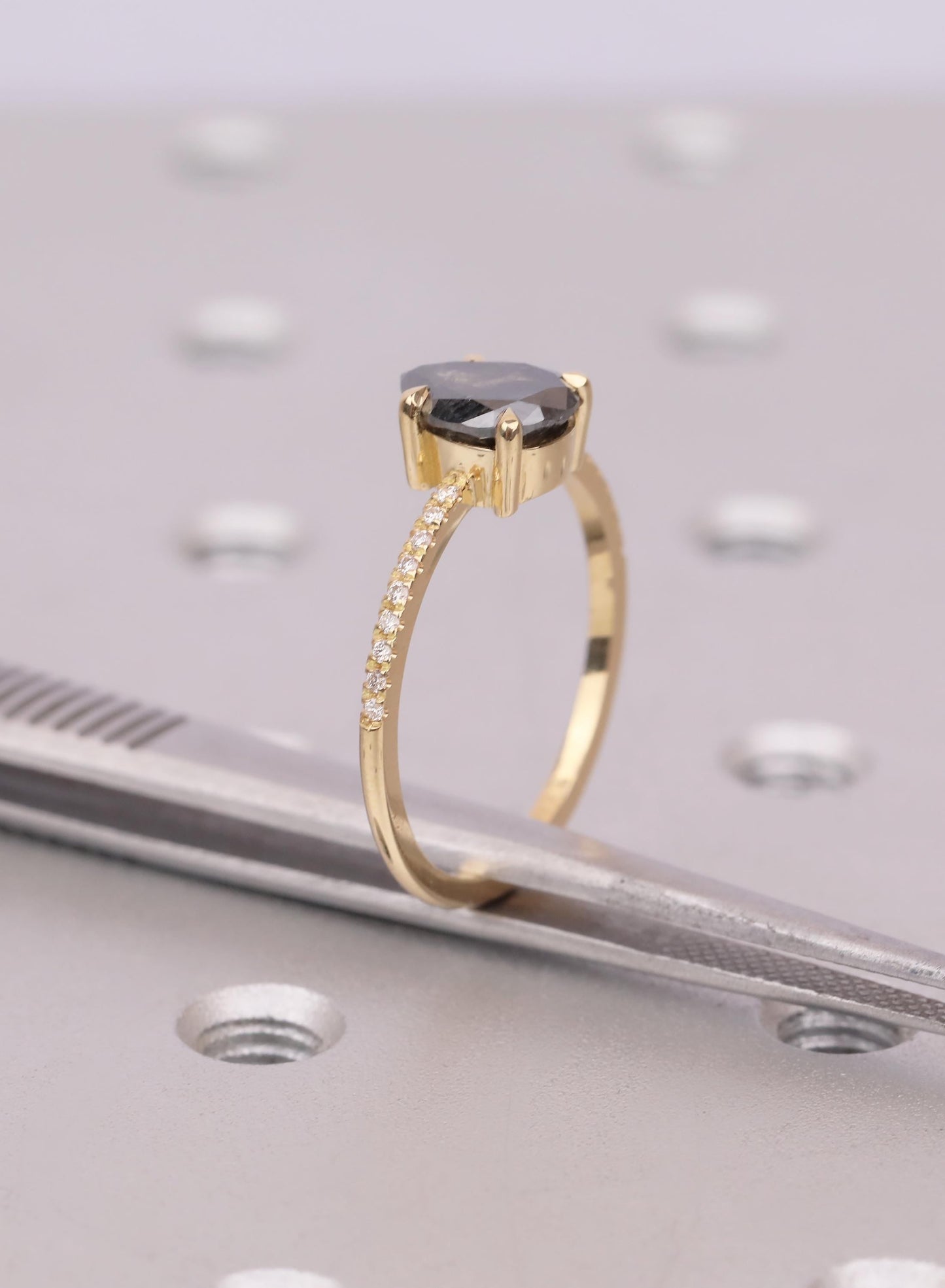 Raw Salt and Pepper Kite Diamond Ring Set, 18k Yellow Gold, Moissanite Accents, Crown Style Matching Band