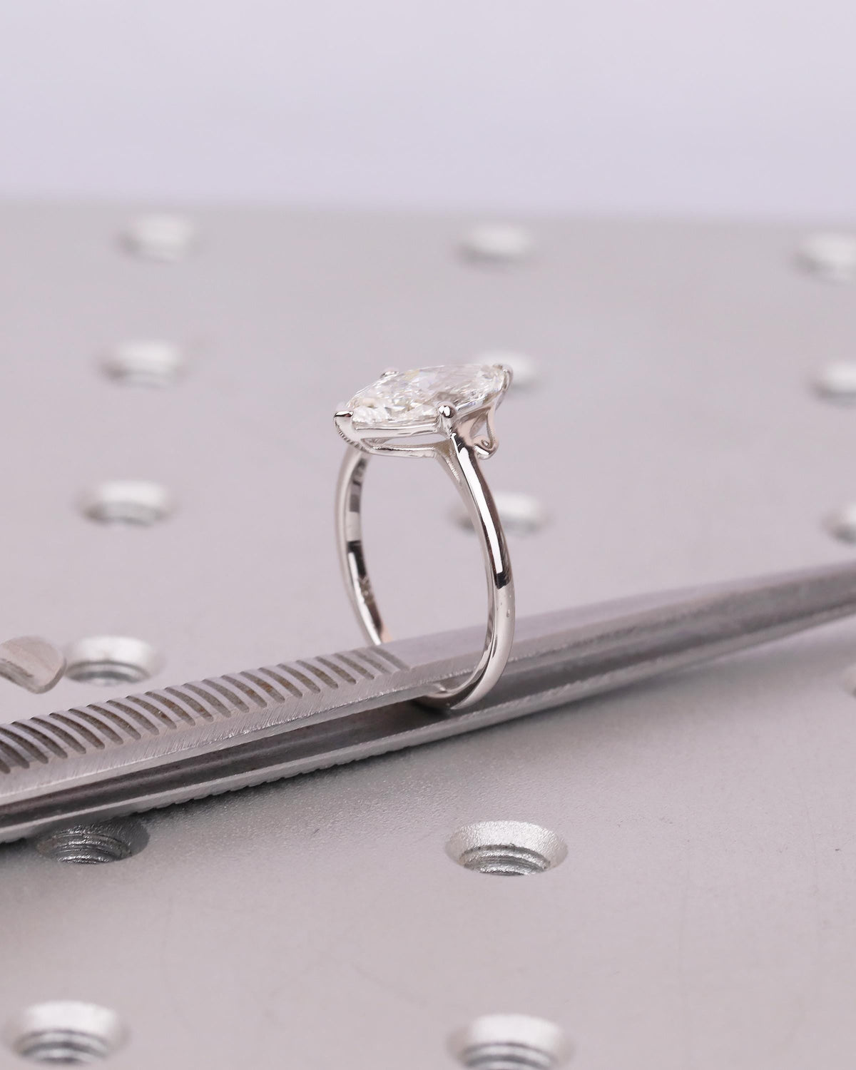 Unique Solitaire Moissanite Engagement Ring, Filigree 18k White Gold Marquise Cut Ring