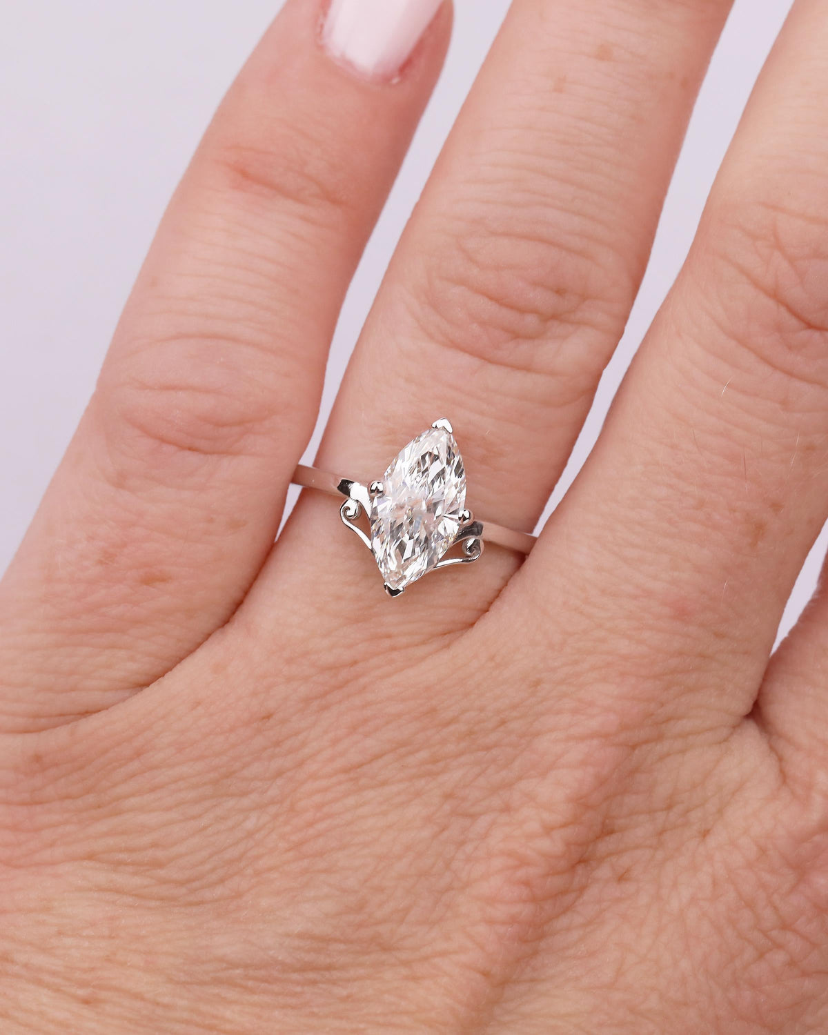 Unique Solitaire Moissanite Engagement Ring, Filigree 18k White Gold Marquise Cut Ring