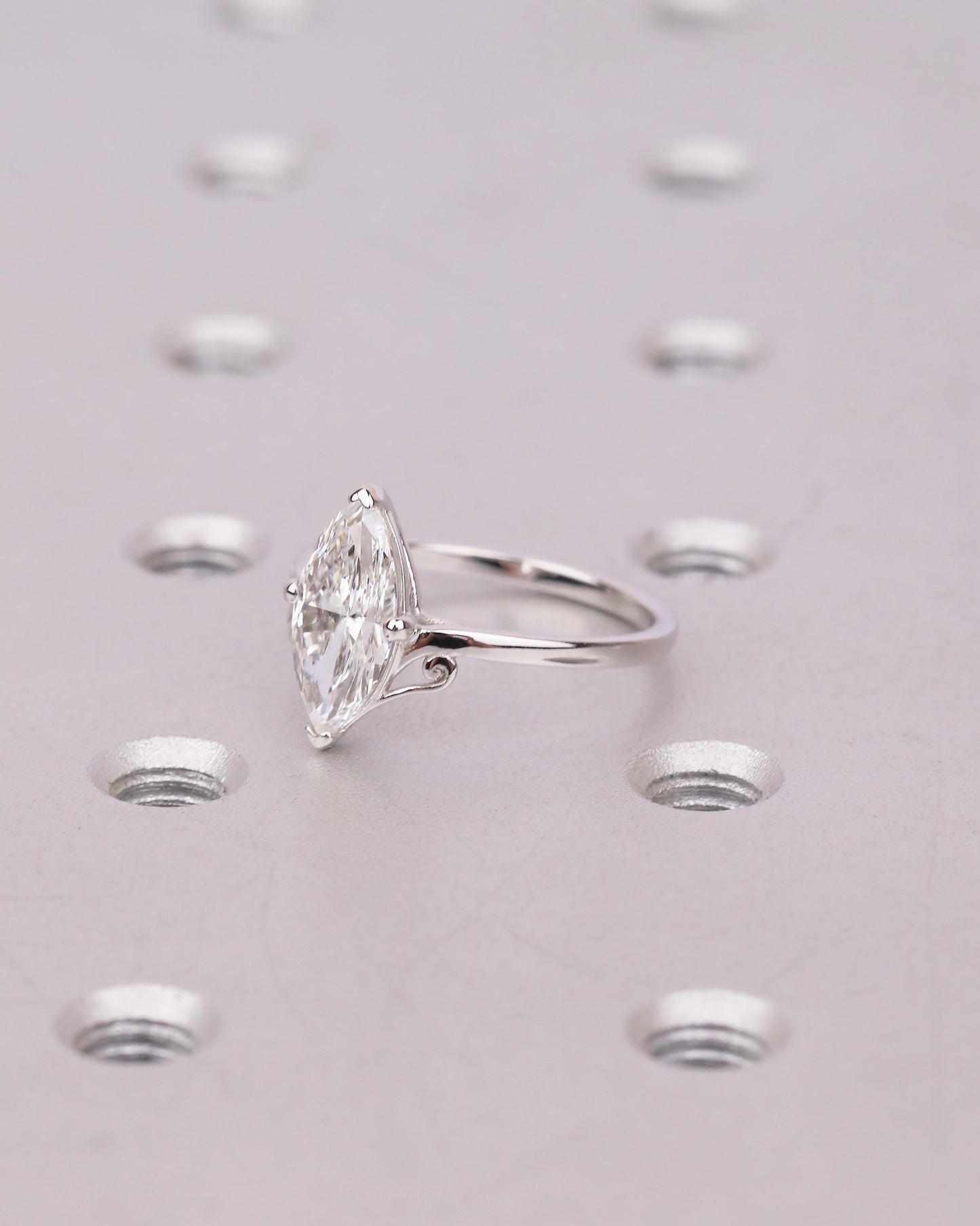 Unique Solitaire Moissanite Engagement Ring, Filigree 18k White Gold Marquise Cut Ring
