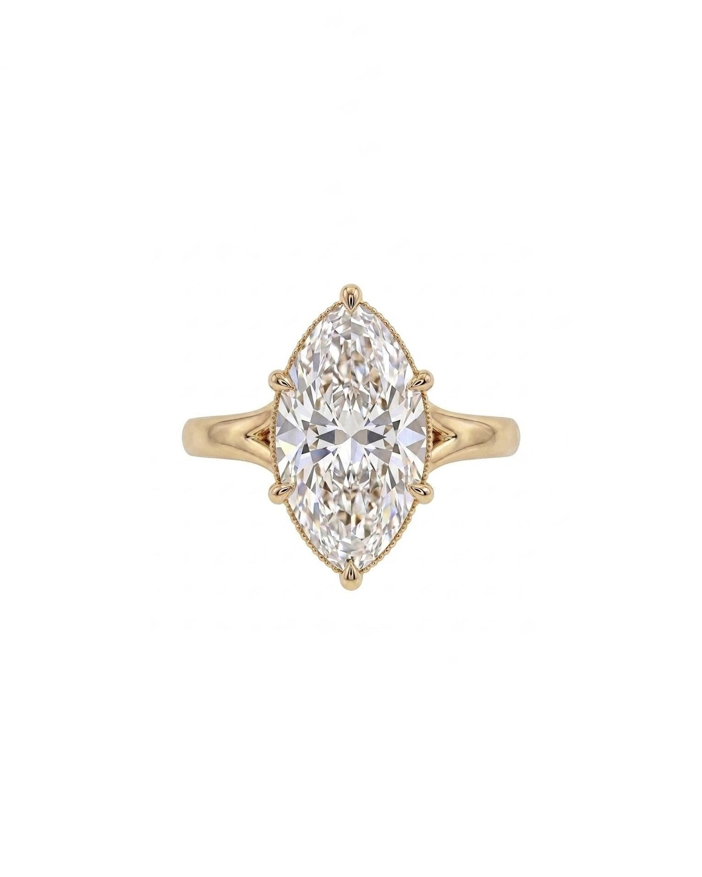 Vintage Style Marquise Cut Moissanite Ring, Solitaire Engagement Ring, Milgrain 14k Gold Statement Jewelry, Split Shank Anniversary Rings