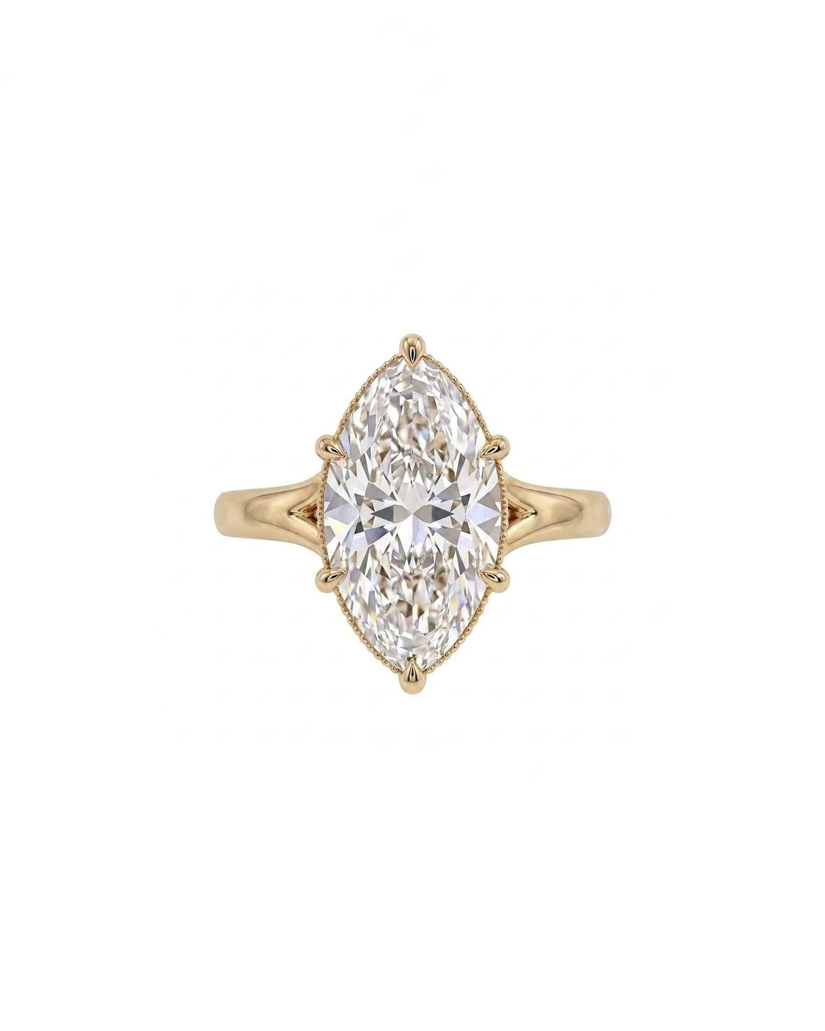 14k Solid Gold Marquise Moissanite Engagement Ring, Unique Split Shank Minimalist Ring