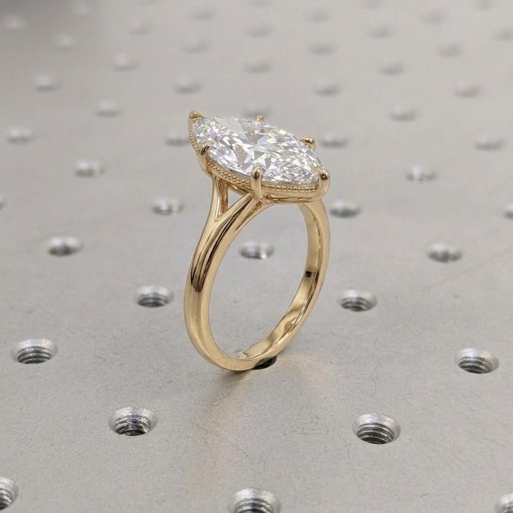14k Solid Gold Marquise Moissanite Engagement Ring, Unique Split Shank Minimalist Ring