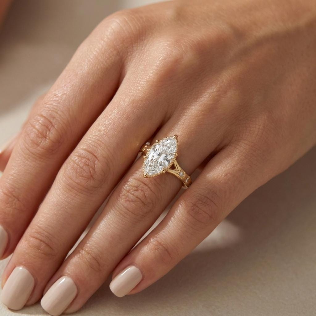 Solitaire Moissanite Rings for Women, Milgrain Marquise Engagement Ring in 14k Yellow Gold