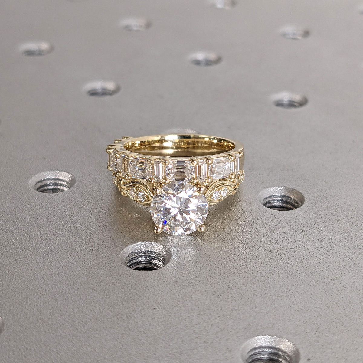 Round Moissanite Antique Engagement Ring Bridal Set | Half Eternity Stackable Gold Wedding Band | Anniversary Gift for Her