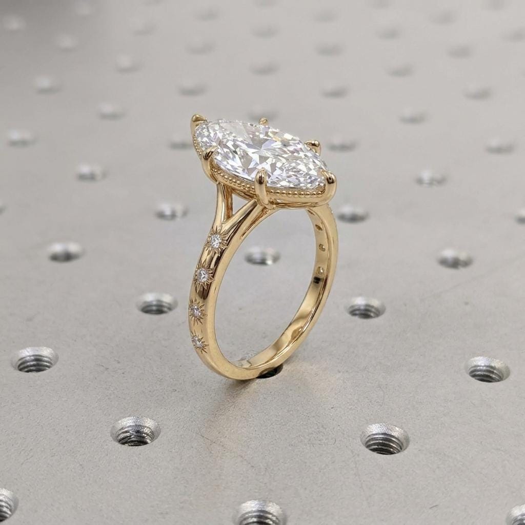 Solitaire Moissanite Rings for Women, Milgrain Marquise Engagement Ring in 14k Yellow Gold