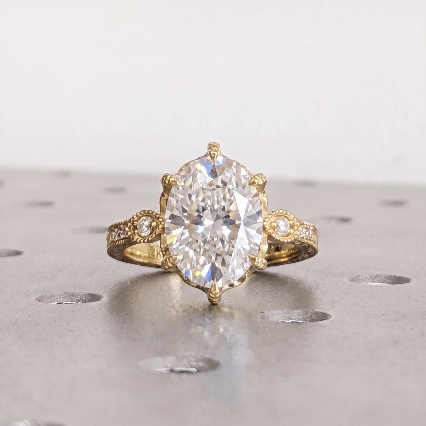 Vintage Promise Ring Oval Lab Made Diamond | Tulip Prong Solid Gold Rings for Women | Handmade Filigree Bridal Jewelry