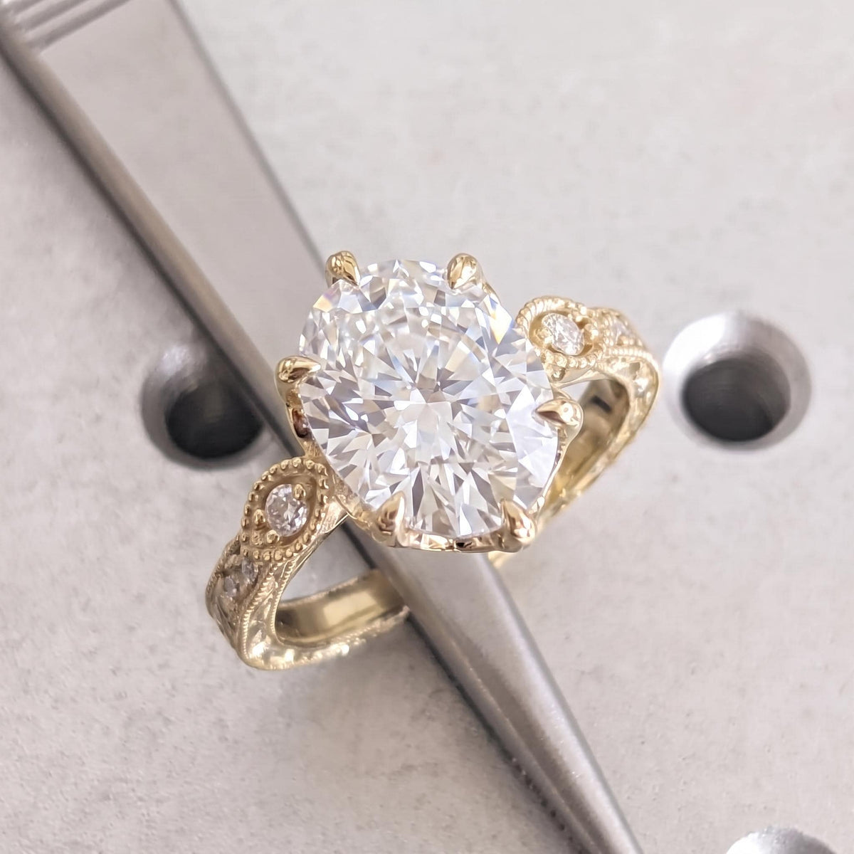 Vintage Promise Ring Oval Lab Made Diamond | Tulip Prong Solid Gold Rings for Women | Handmade Filigree Bridal Jewelry