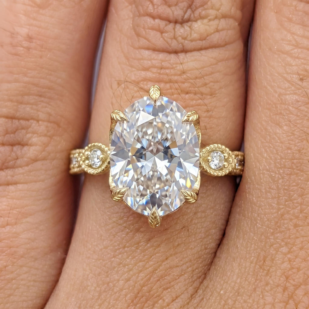 Vintage Promise Ring Oval Lab Made Diamond | Tulip Prong Solid Gold Rings for Women | Handmade Filigree Bridal Jewelry