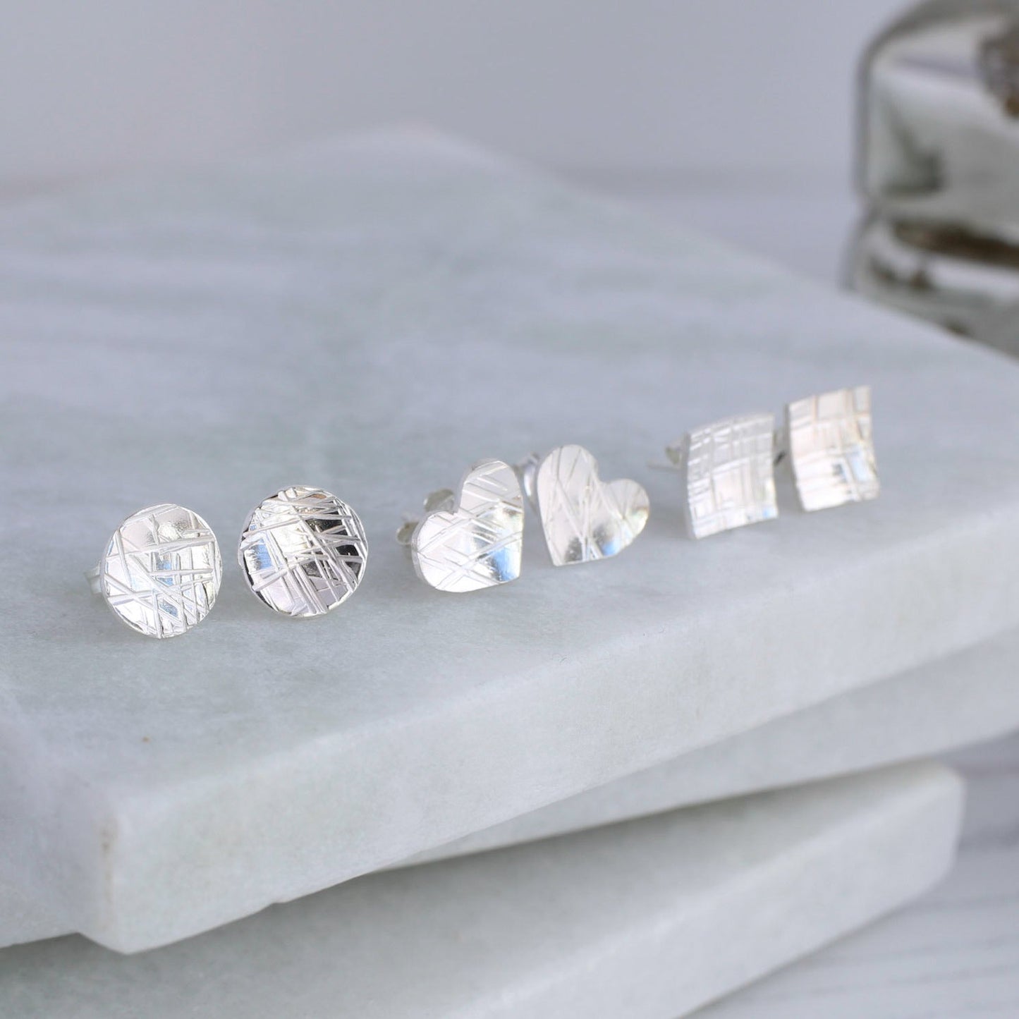Textured silver stud earrings - round, heart or square
