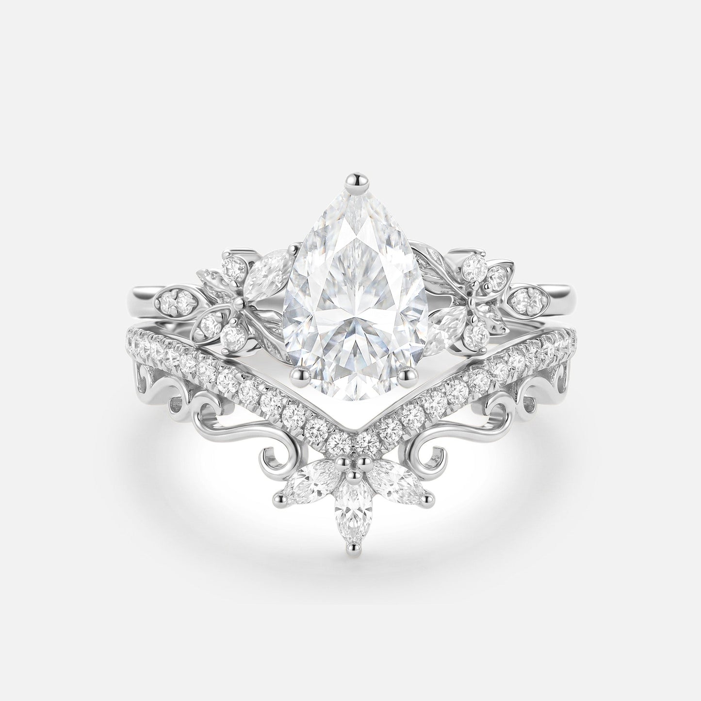 Pear Cut Moissanite Leafy Vintage Engagement Ring Sets 2pcs - Peony