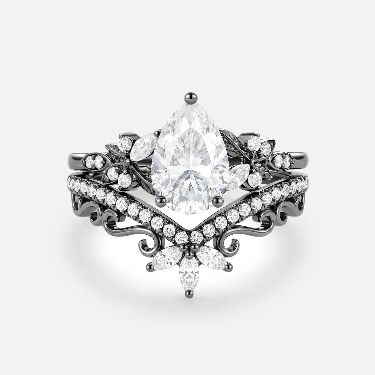 Pear Cut Moissanite Leafy Vintage Engagement Ring Sets 2pcs - Peony