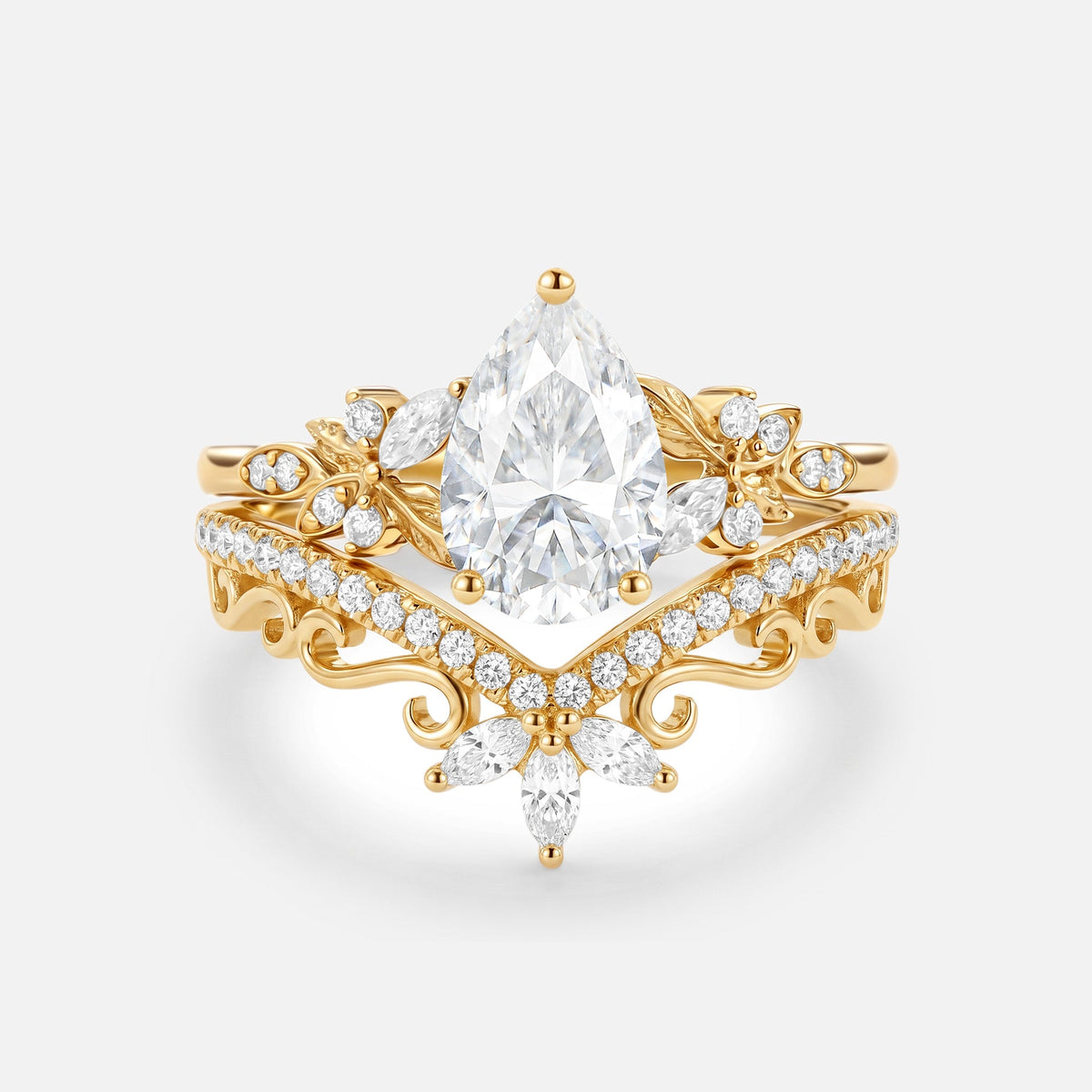 Pear Cut Moissanite Leafy Vintage Engagement Ring Sets 2pcs - Peony