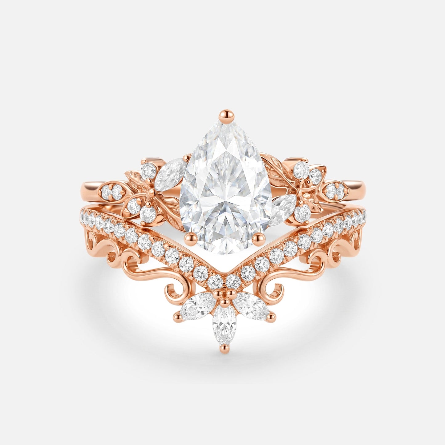 Pear Cut Moissanite Leafy Vintage Engagement Ring Sets 2pcs - Peony