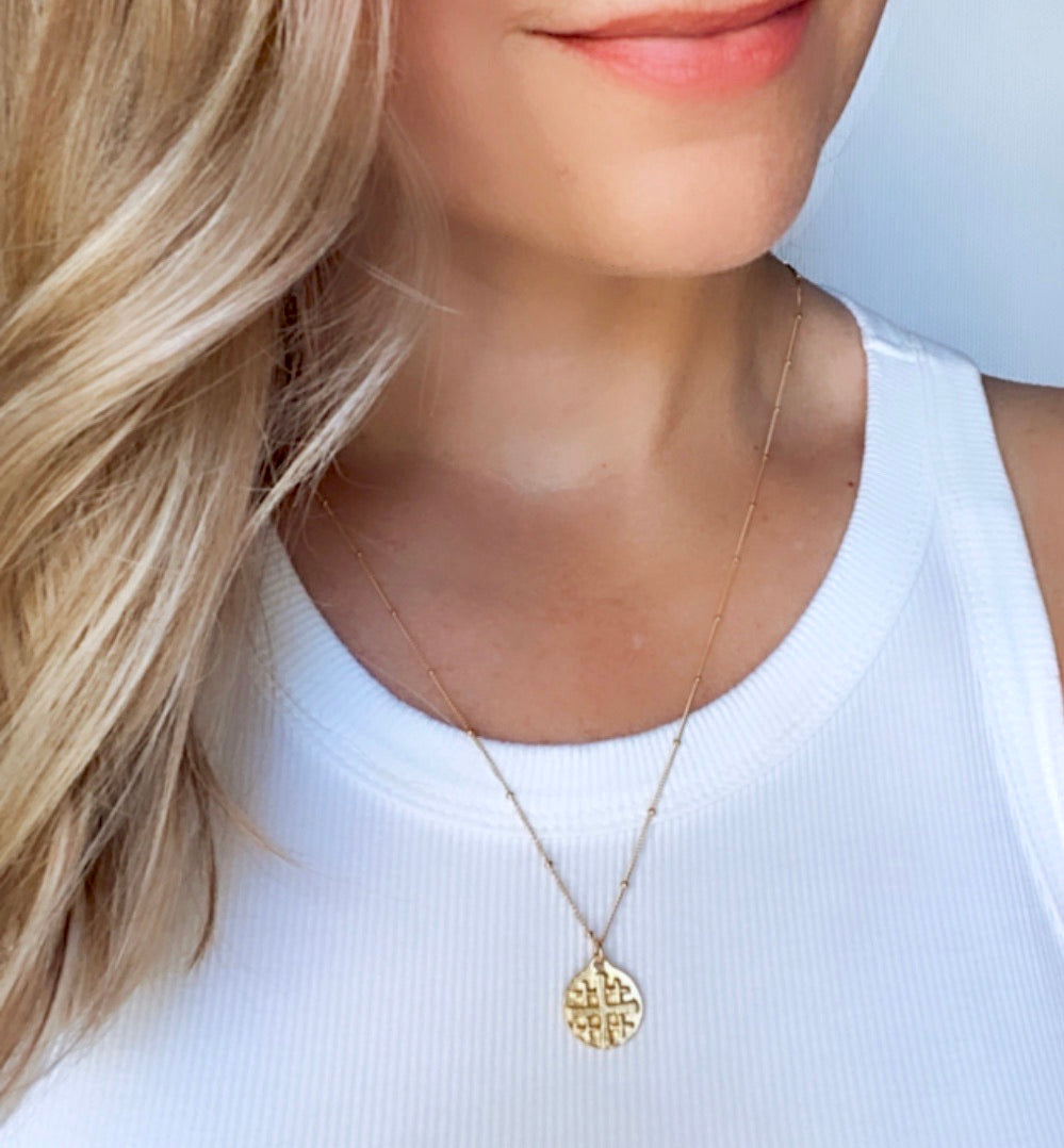 Gold Jerusalem Cross Medallion Necklace