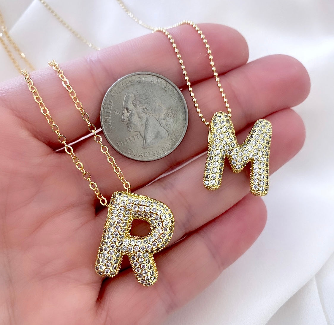 Gold Filled Chubby Bubble Letter Micro Pave Necklace - April Birthstone