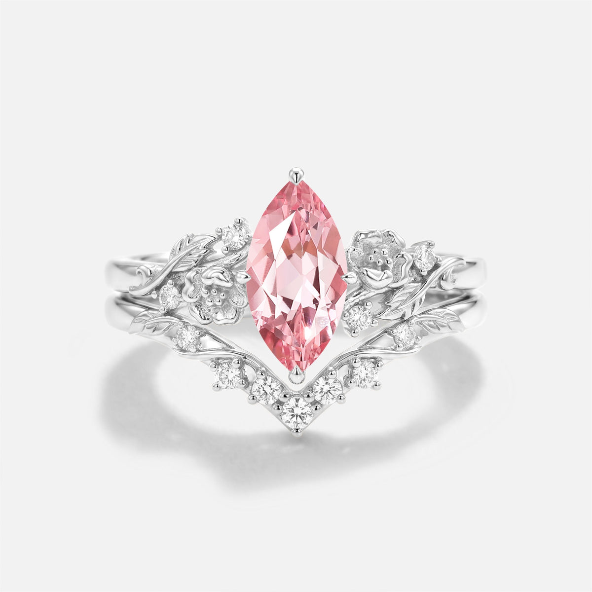 Marquise Lab Pink Sapphire Flower Nature Inspired Engagement Ring Sets 2pcs - Peony