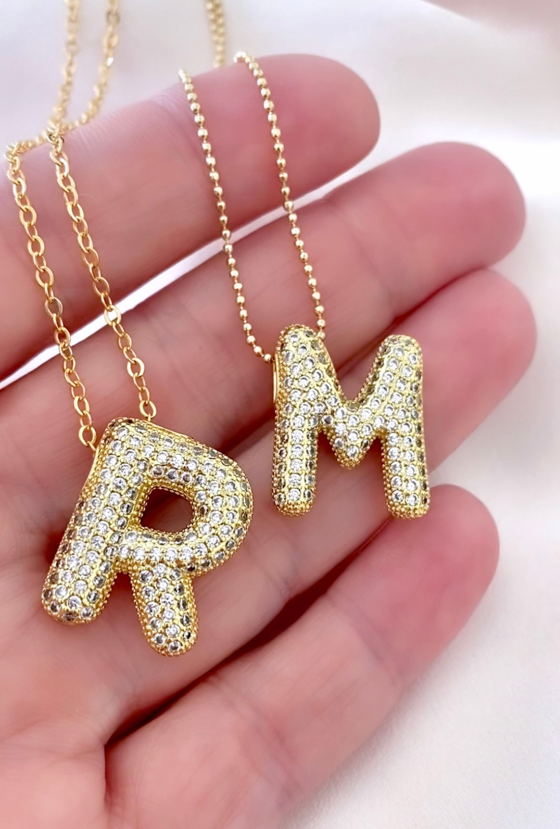 Gold Filled Chubby Bubble Letter Micro Pave Necklace - April Birthstone