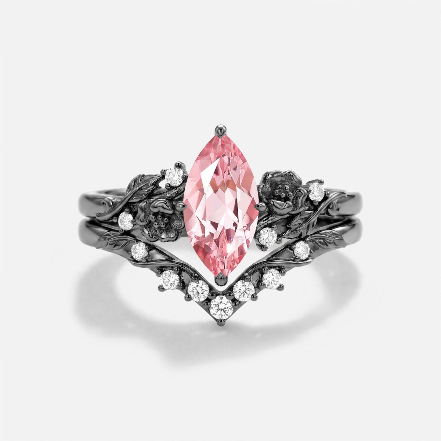 Marquise Lab Pink Sapphire Flower Nature Inspired Engagement Ring Sets 2pcs - Peony