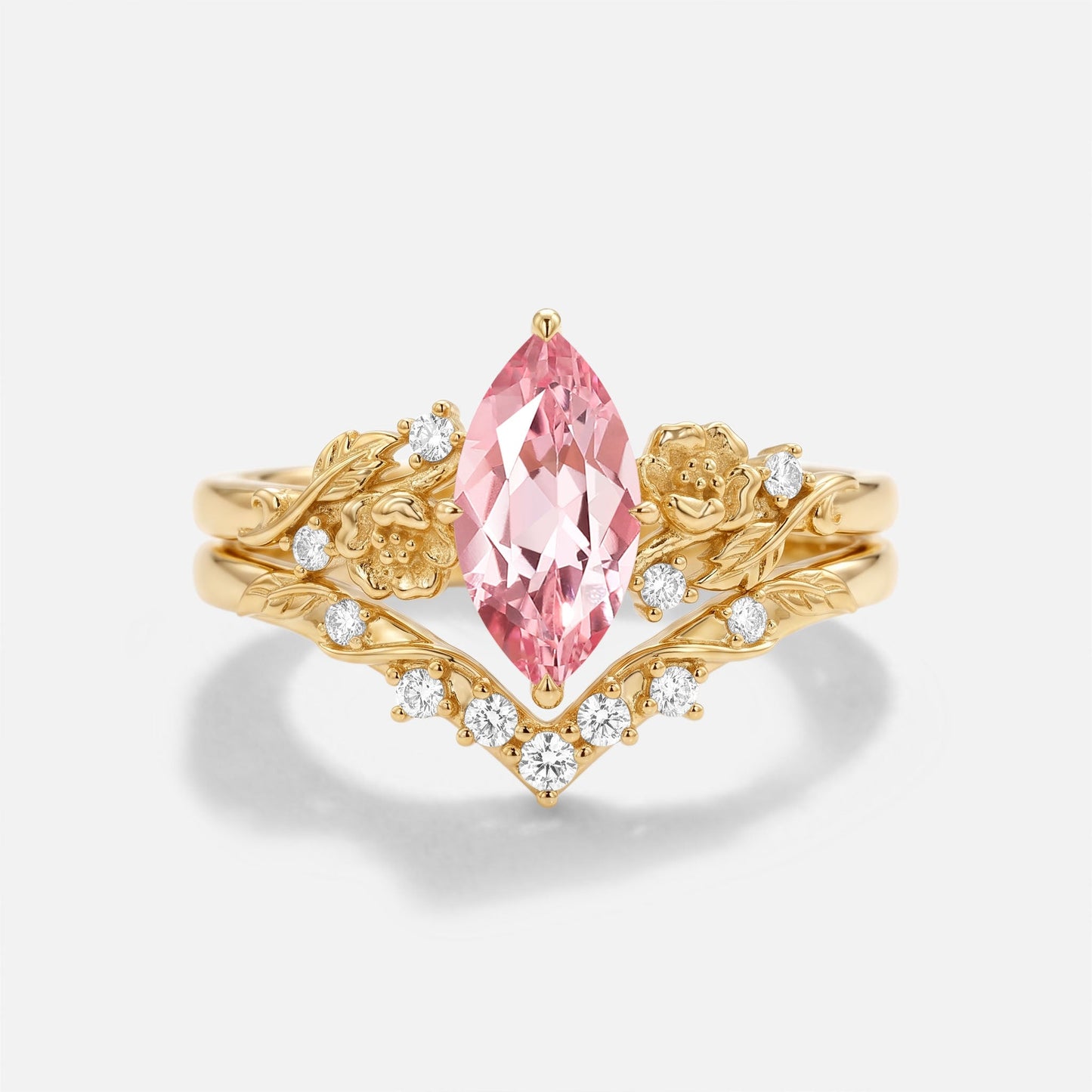 Marquise Lab Pink Sapphire Flower Nature Inspired Engagement Ring Sets 2pcs - Peony
