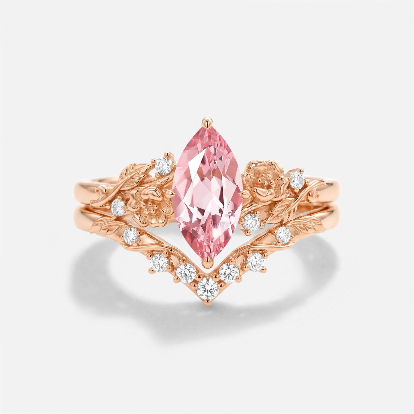 Marquise Lab Pink Sapphire Flower Nature Inspired Engagement Ring Sets 2pcs - Peony