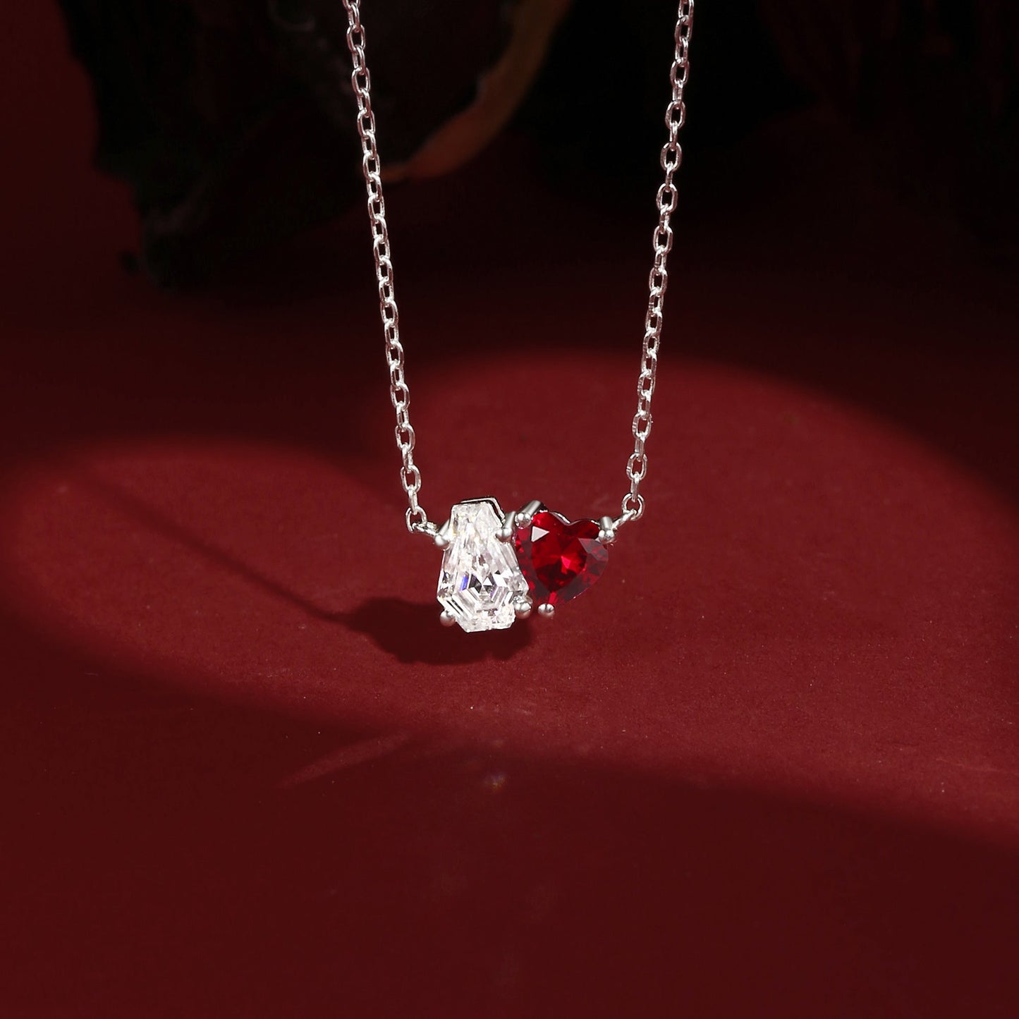 Unique Two Stone Coffin Moissanite & Heart Lab Ruby Jewelry Set - 'Toi Et Moi' Jewelry Box