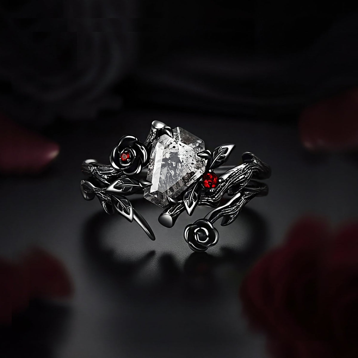 Gothic Style Coffin Cut Herkimer Diamond Nature Inspired 'Thorns & Roses' Engagement Ring Bridal Set 2pcs