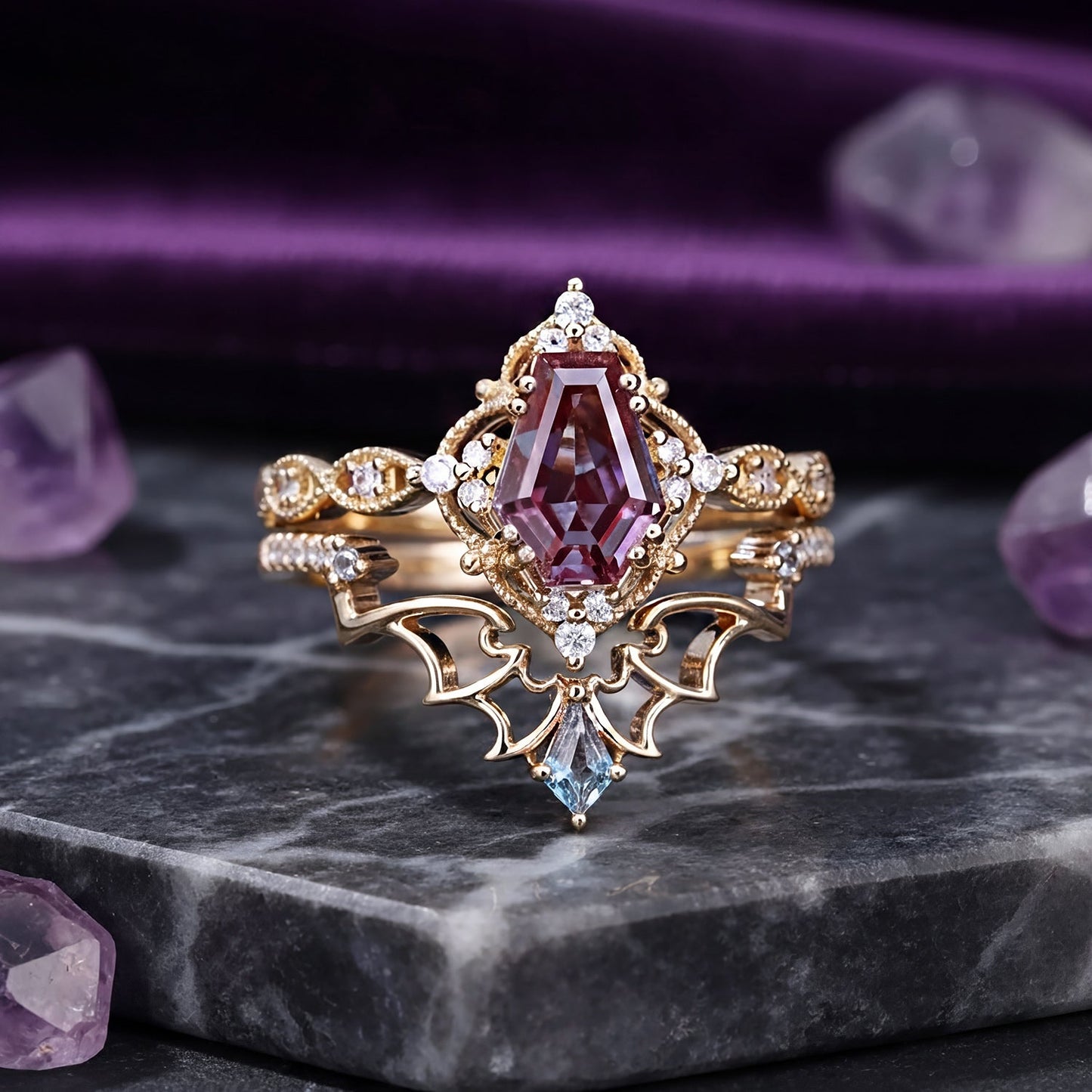 'Dark Romance' - Gothic Coffin Cut Garnet Engagement Ring Set with Bat Wings in Black Gold - Bat Ring