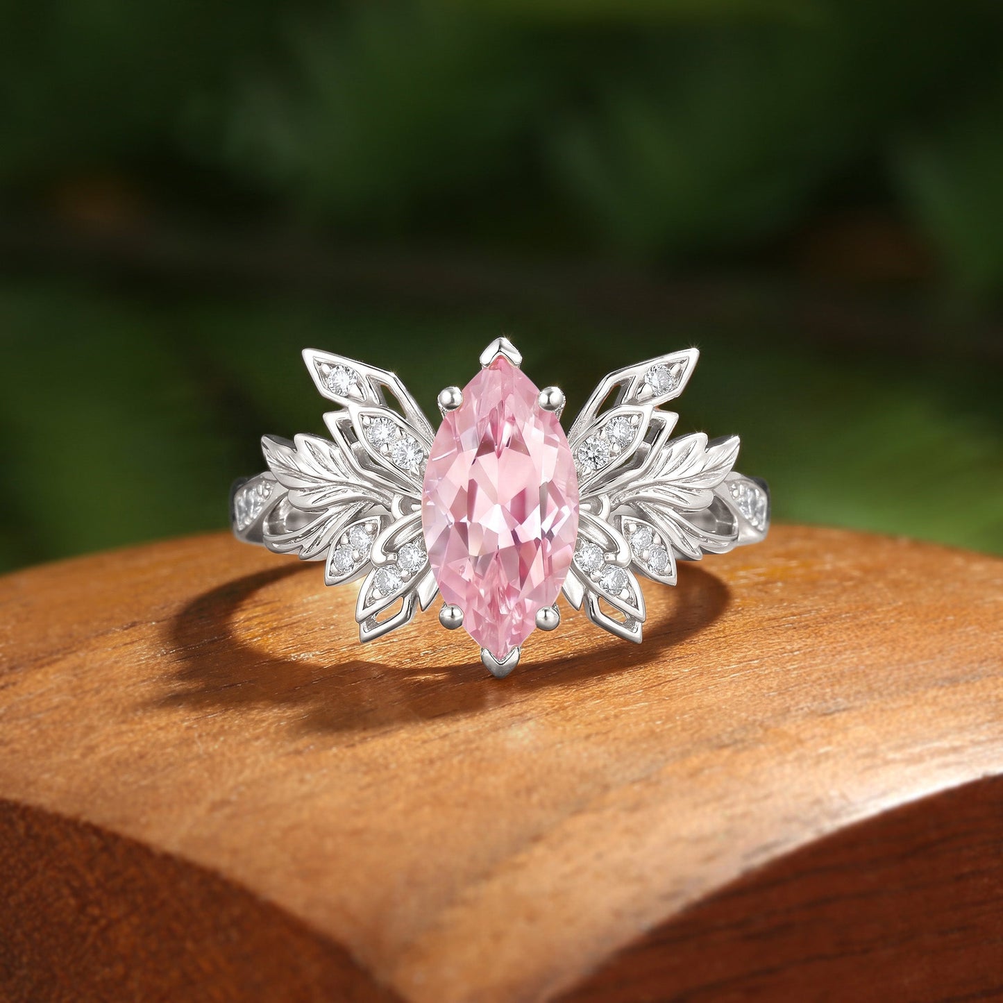 Forest Fairy Butterfly Wing Marquise Cut Pink Sapphire Leafy Engagement Ring - Inara