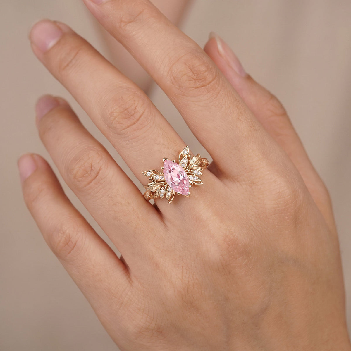 Forest Fairy Butterfly Wing Marquise Cut Pink Sapphire Leafy Engagement Ring - Inara