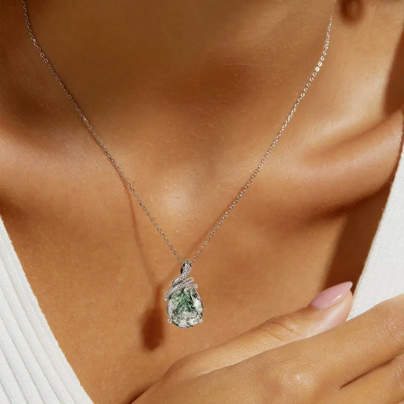 Emerald Cut Moss Agate Mystical Serpent Carved Nature Pendant Necklace - "Cloak"