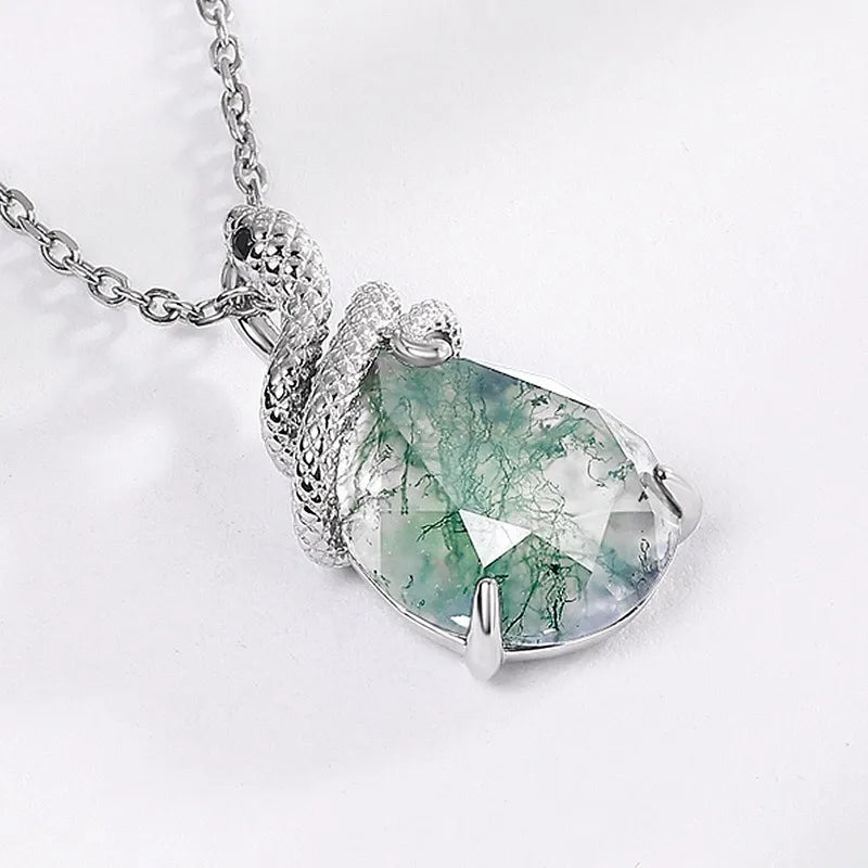 'Noir Serpent' Pear Cut Moss Agate Mystical Serpent Carved Nature Inspired  Necklace