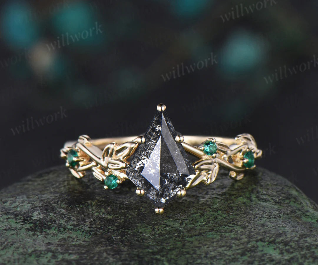 7x10mm Kite Cut Salt and Pepper Diamond Engagement Ring Emerald Leaf Twig Promise Ring Gifts for Her
