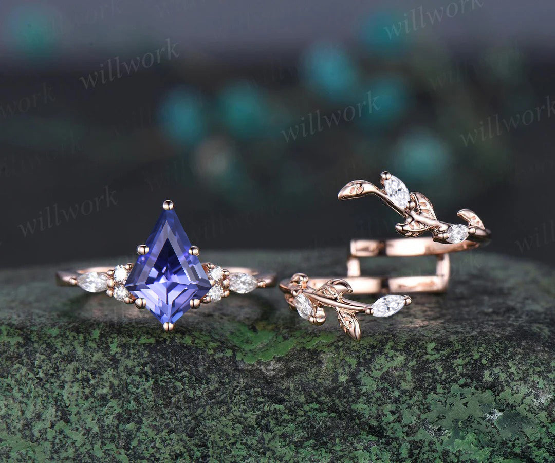 Kite Cut Natural Tanzanite Engagement Ring Set Leaf Vine Moissanite Accent Ring Wrap Enhancer Band Unique Bridal Set
