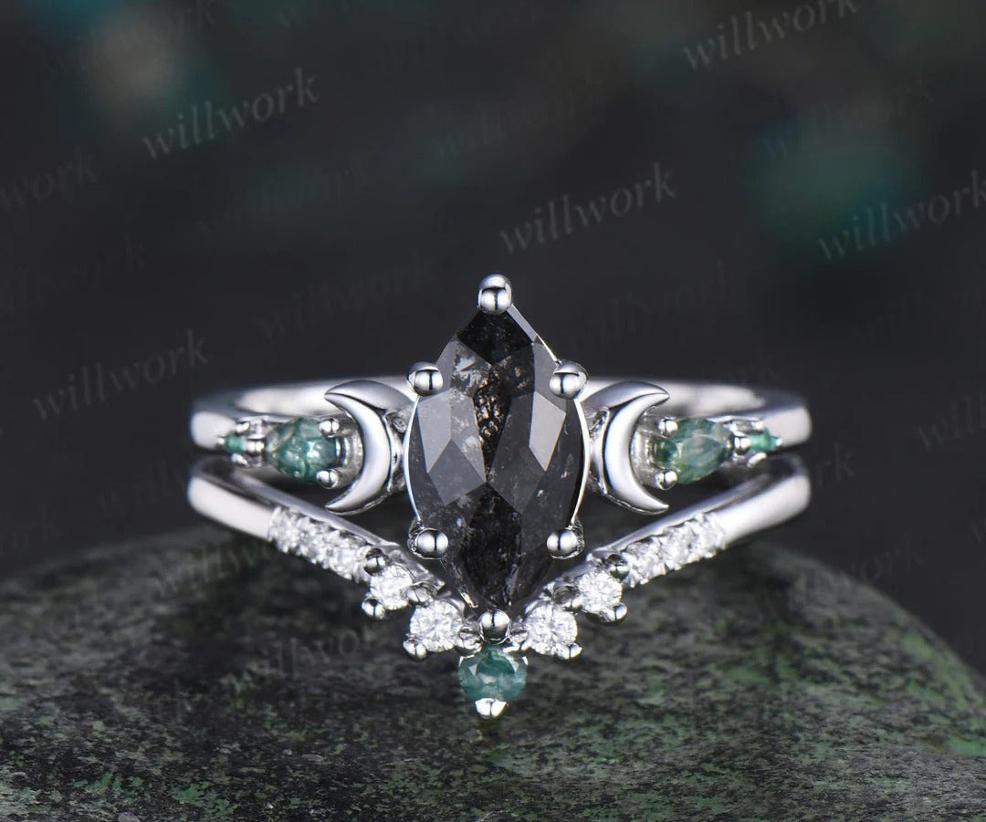 Unique Marquise Salt & Pepper Diamond Ring Set Moon Deco Moss Agate Emerald Accent Promise Ring Curved Band Bridal Set