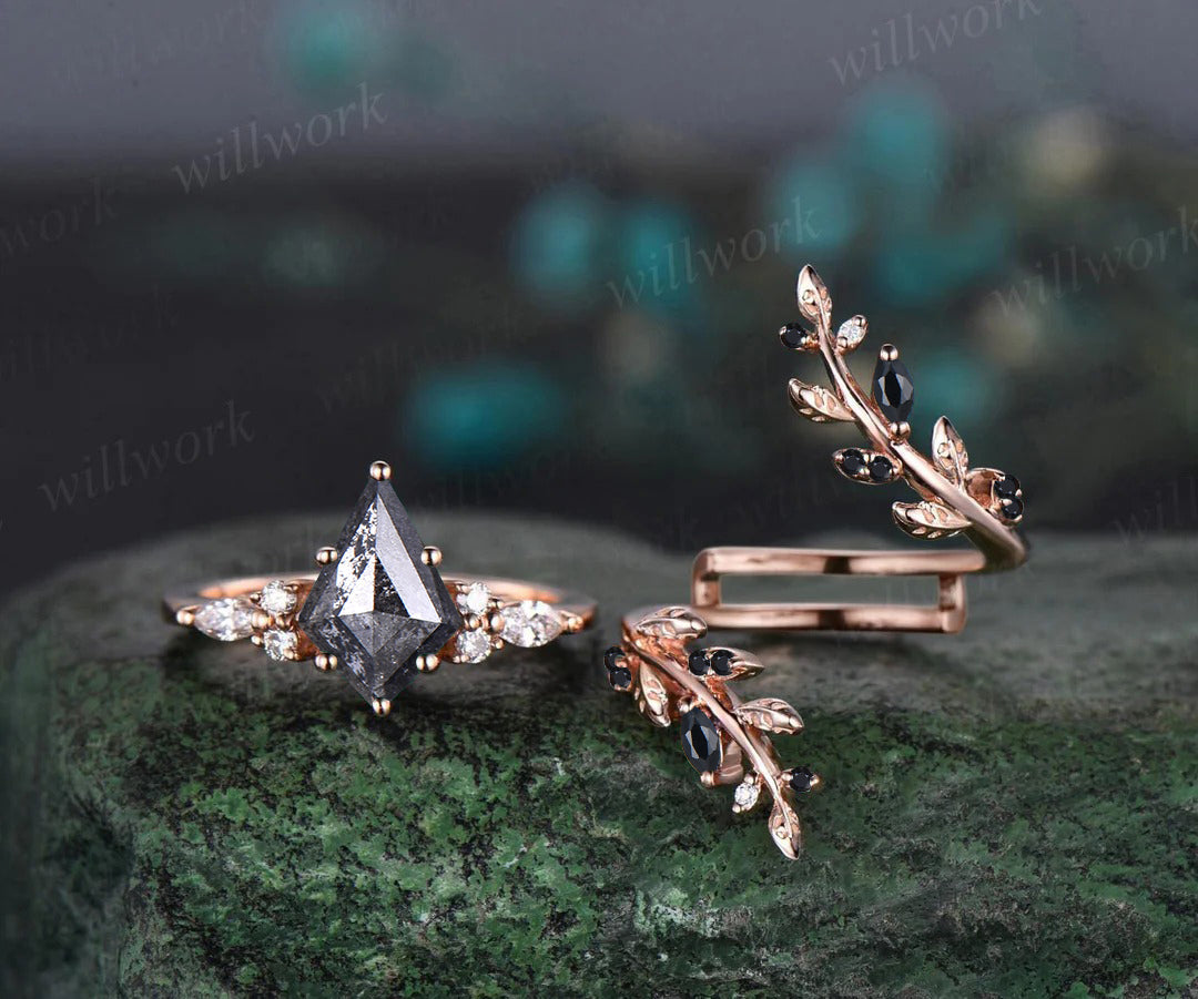 Kite Cut Salt & Pepper Diamond Engagement Ring Leaf Vine Moissanite Accent Ring Black Spinel Twig Enhancer Band Nature Inspired Bridal Set