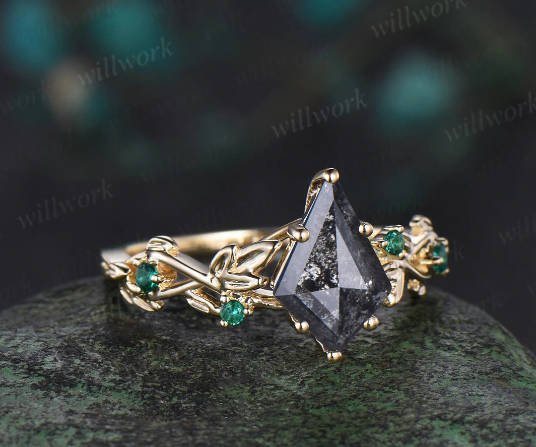 7x10mm Kite Cut Salt and Pepper Diamond Engagement Ring Emerald Leaf Twig Promise Ring Gifts for Her