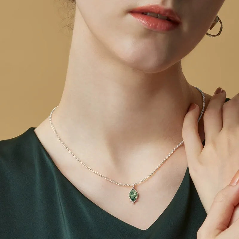 ‘Moss Facet’ Unique Cut Non-Traditional Moss Agate Pendant for Women