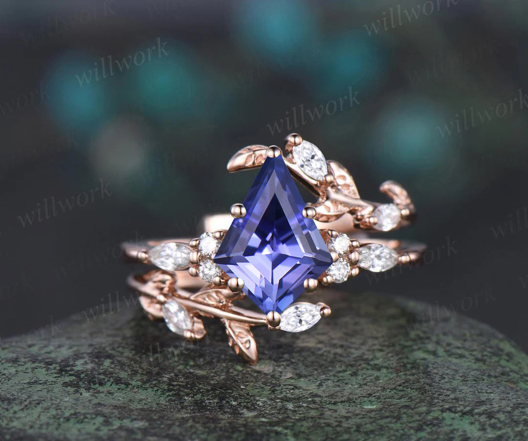 Kite Cut Natural Tanzanite Engagement Ring Set Leaf Vine Moissanite Accent Ring Wrap Enhancer Band Unique Bridal Set