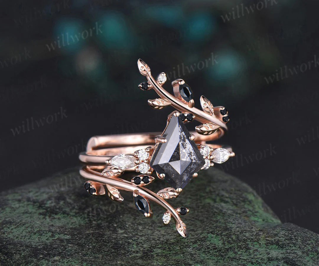 Kite Cut Salt & Pepper Diamond Engagement Ring Leaf Vine Moissanite Accent Ring Black Spinel Twig Enhancer Band Nature Inspired Bridal Set