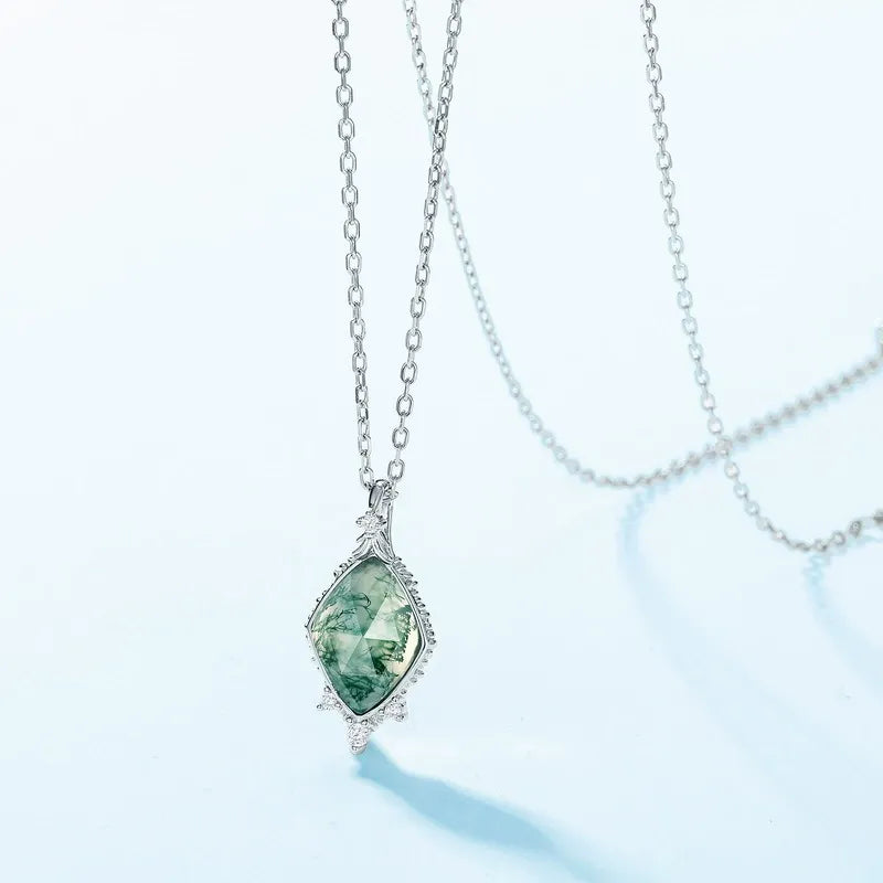 ‘Moss Facet’ Unique Cut Non-Traditional Moss Agate Pendant for Women