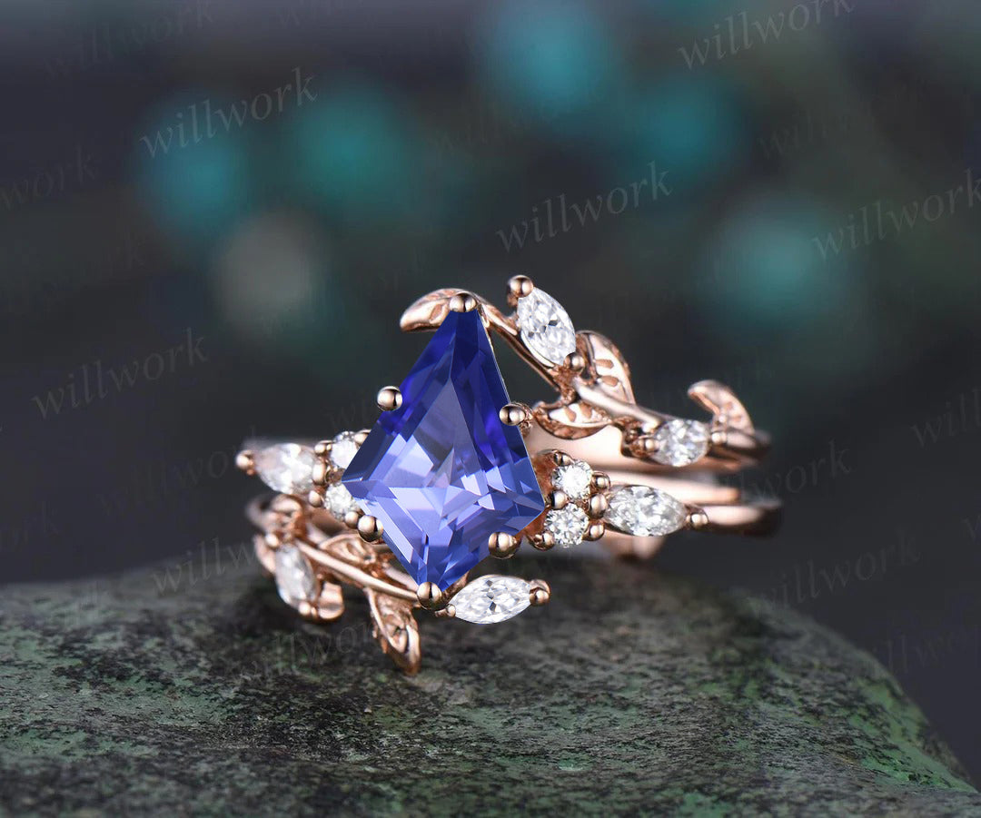 Kite Cut Natural Tanzanite Engagement Ring Set Leaf Vine Moissanite Accent Ring Wrap Enhancer Band Unique Bridal Set