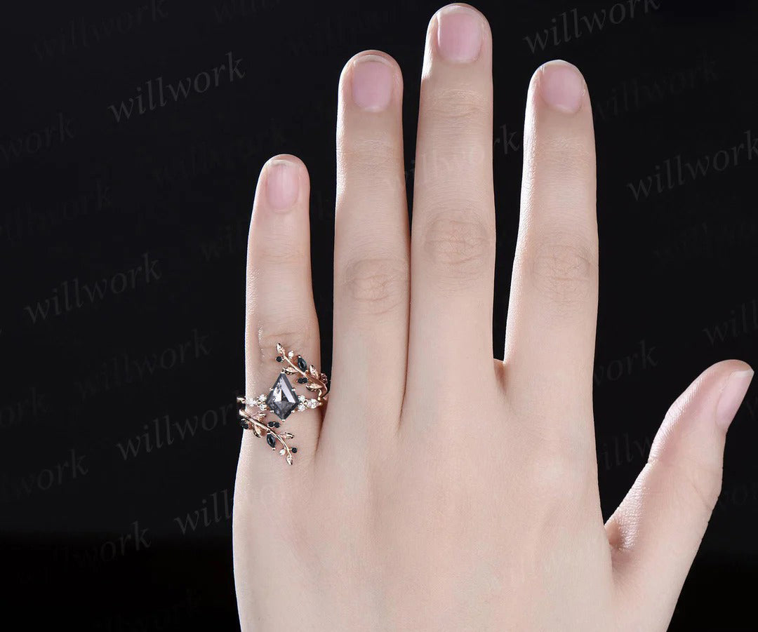 Kite Cut Salt & Pepper Diamond Engagement Ring Leaf Vine Moissanite Accent Ring Black Spinel Twig Enhancer Band Nature Inspired Bridal Set
