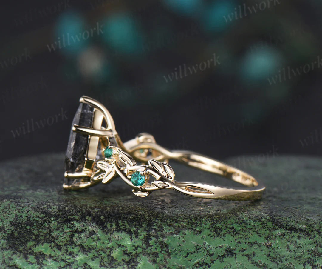 7x10mm Kite Cut Salt and Pepper Diamond Engagement Ring Emerald Leaf Twig Promise Ring Gifts for Her