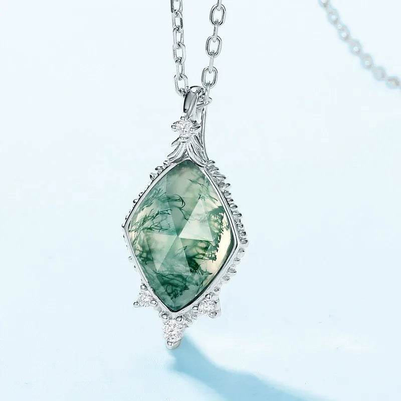 ‘Moss Facet’ Unique Cut Non-Traditional Moss Agate Pendant for Women
