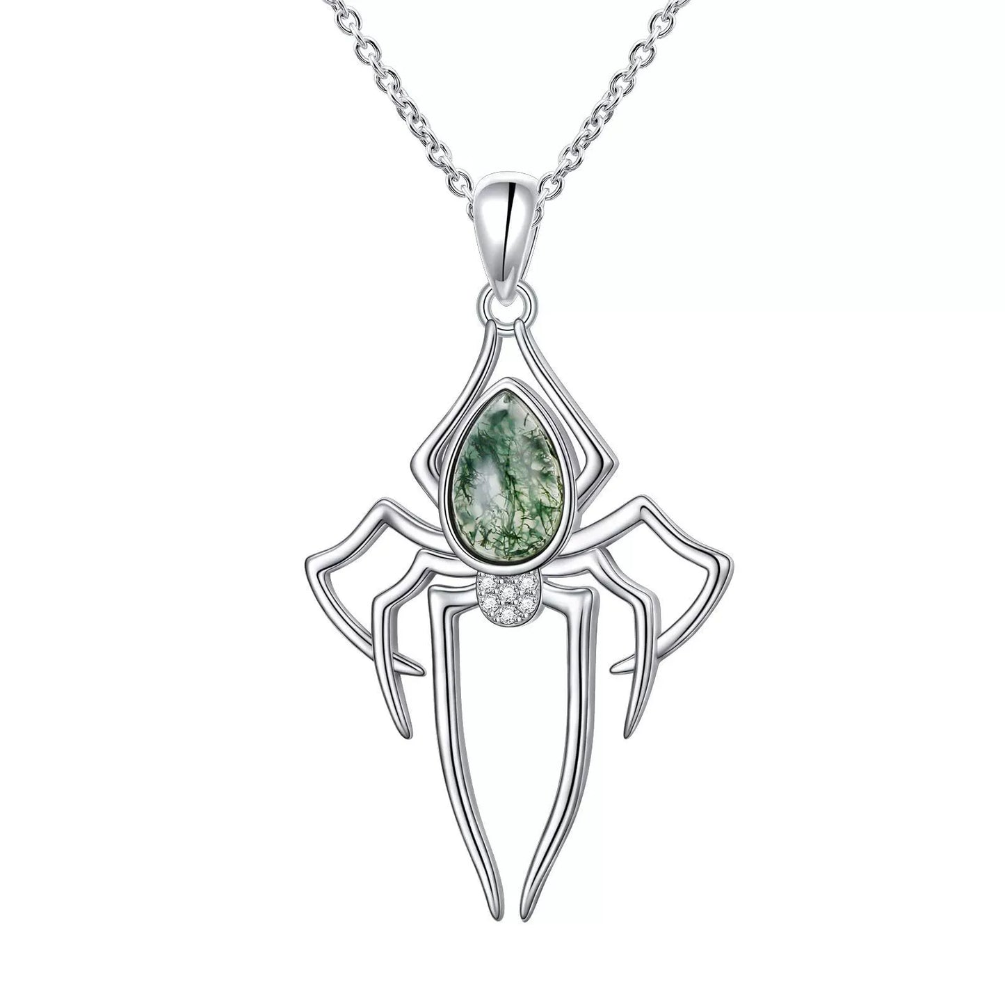 'Nocturne Spider' Gothic Moss Agate Rhinestone Spider Necklace for Women